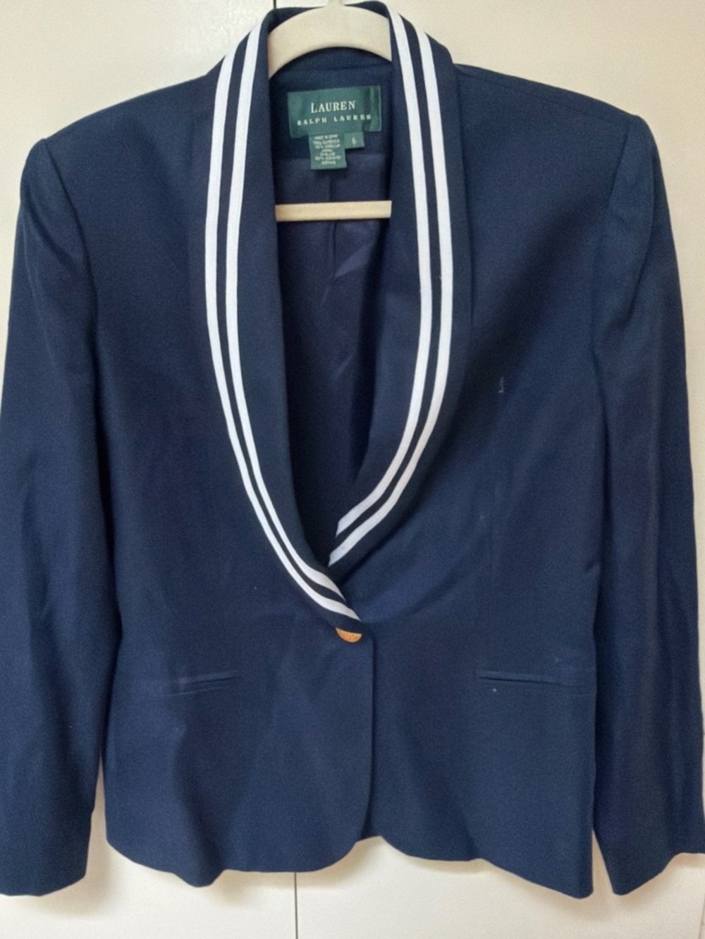 Lauren Ralph Lauren Navy Blazer with White Striped Shawl Collar
